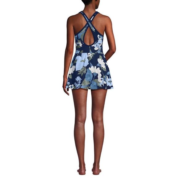 Land's End plus high neck tugless 1 piece bathing suit deep sea navy lilies Var - Picture 3 of 9